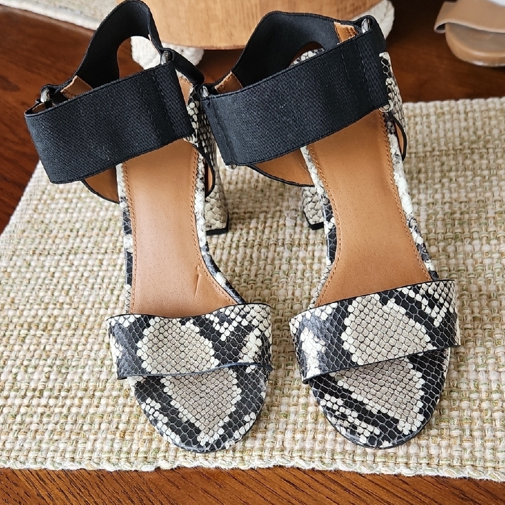 Franco Sarto Black and Tan Heeled Sandals with Chunky Heel